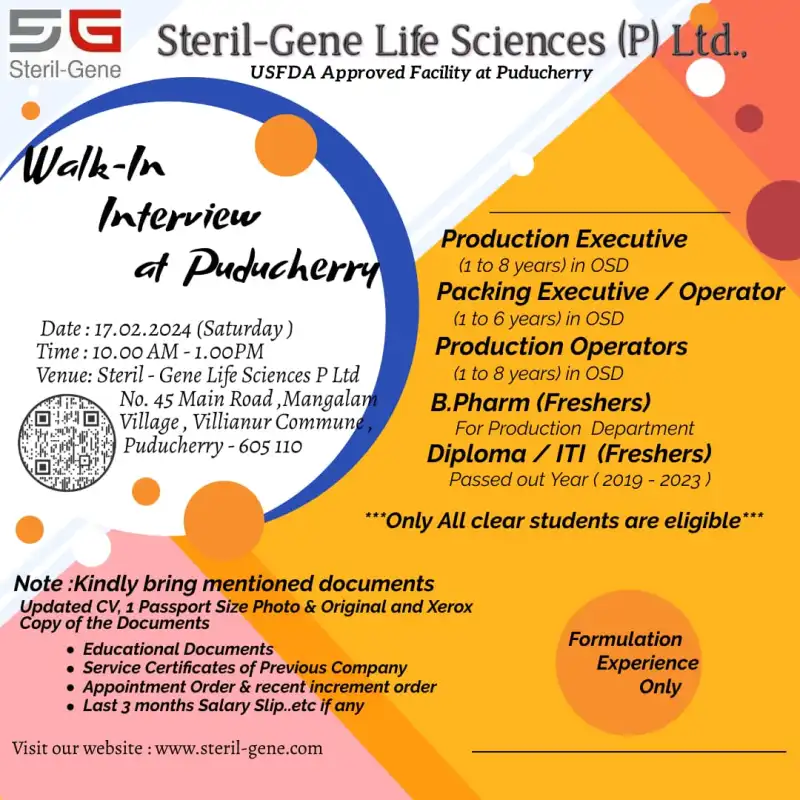 Steril-Gene Life Sciences - Walk-In Interview for Production, Packing, B.Pharm, ITI, Diploma Freshers on 17th Feb 2024
